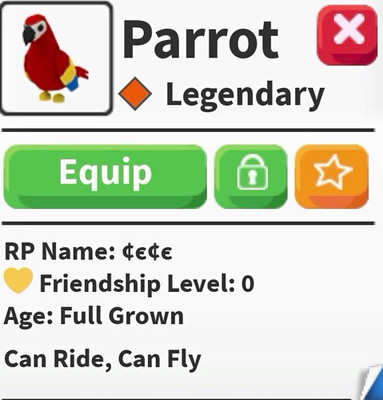 adopt me! legendary parrot full grown can ride can fly game item/asset