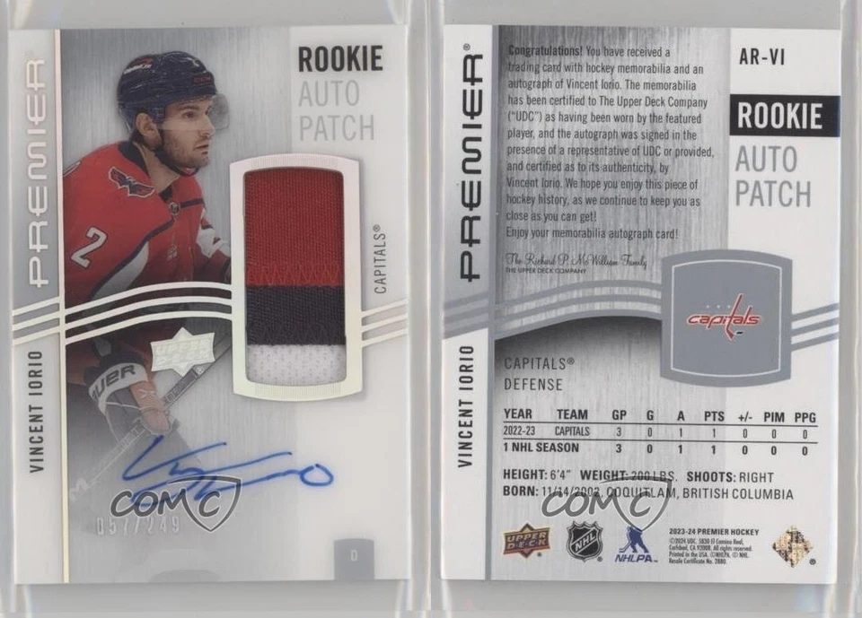 2023-24 Upper Deck Premier Acetate 57/249 Vincent Iorio RPA Rookie Patch Auto - Image 3 of 3