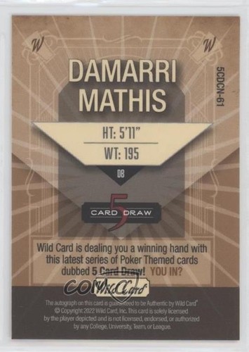 2022 Wild 5 Card Draw Gold Foil - Purple /4 Damarri Mathis Rookie Auto RC - Picture 2 of 3