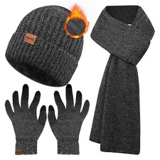 3PCS Winter Beanie Hat Scarf Touchscreen Gloves Set for One Size, Dark Grey