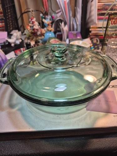 Vintage Anchor Ovenware 2qt Green Glass Casserole Dish Round Bowl 9" W/ Lid 1038