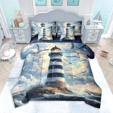 Lighthouse Comforter Set 7 Pieces Size Seagull Ocean Sea Queen Blue White