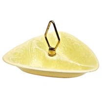 MCM California Pottery Yellow Divided Relish Nut Dish Candy Bowl w Metal Handle