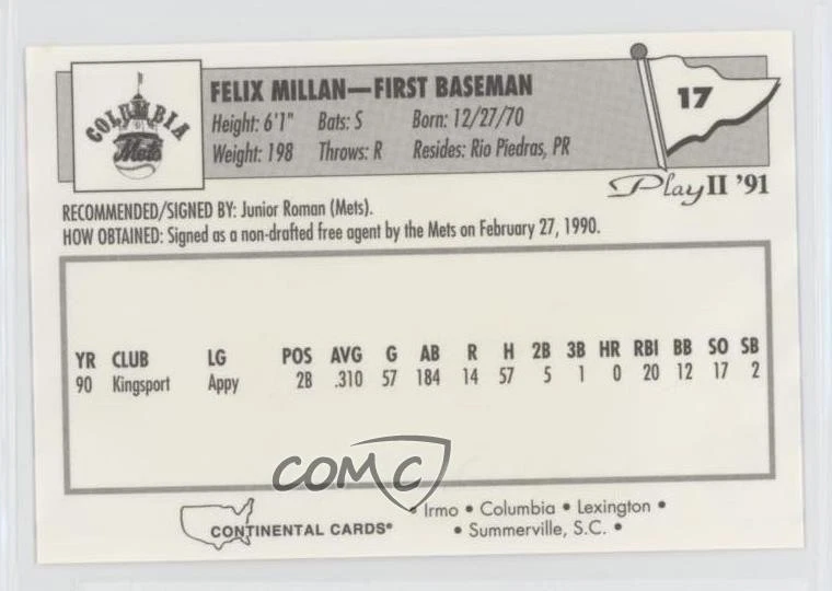 1991 Play II Columbia Mets Bernie Millan #17 - Image 2 of 2