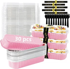 30 Pack Pink Disposable Rectangular Aluminum Foil Loaf Pans with Lids,6.8Oz Mini