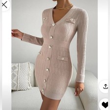 Tan Knit Button Mini Sweater Dress Size S