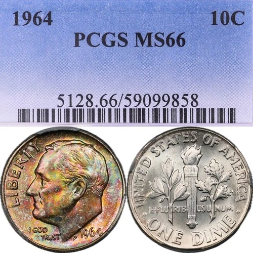 MS66 1964 10C Roosevelt Silver Dime, PCGS Trueview- Pretty Rainbow Toned