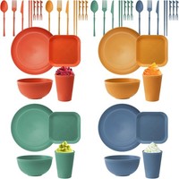 48 Pcs Camping Geschirr Set Plastik,Unzerbrechliches Geschirr Set 4 Personen