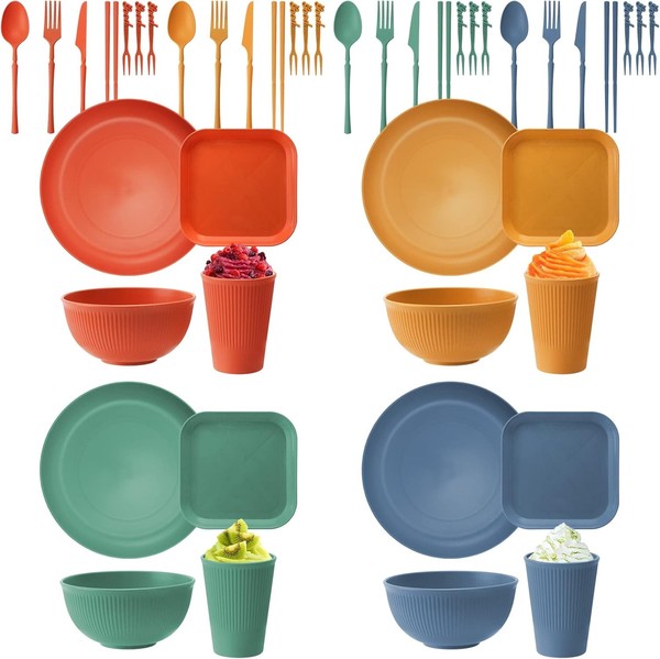 48 Pcs Camping Geschirr Set Plastik,Unzerbrechliches Geschirr Set 4 Personen-image