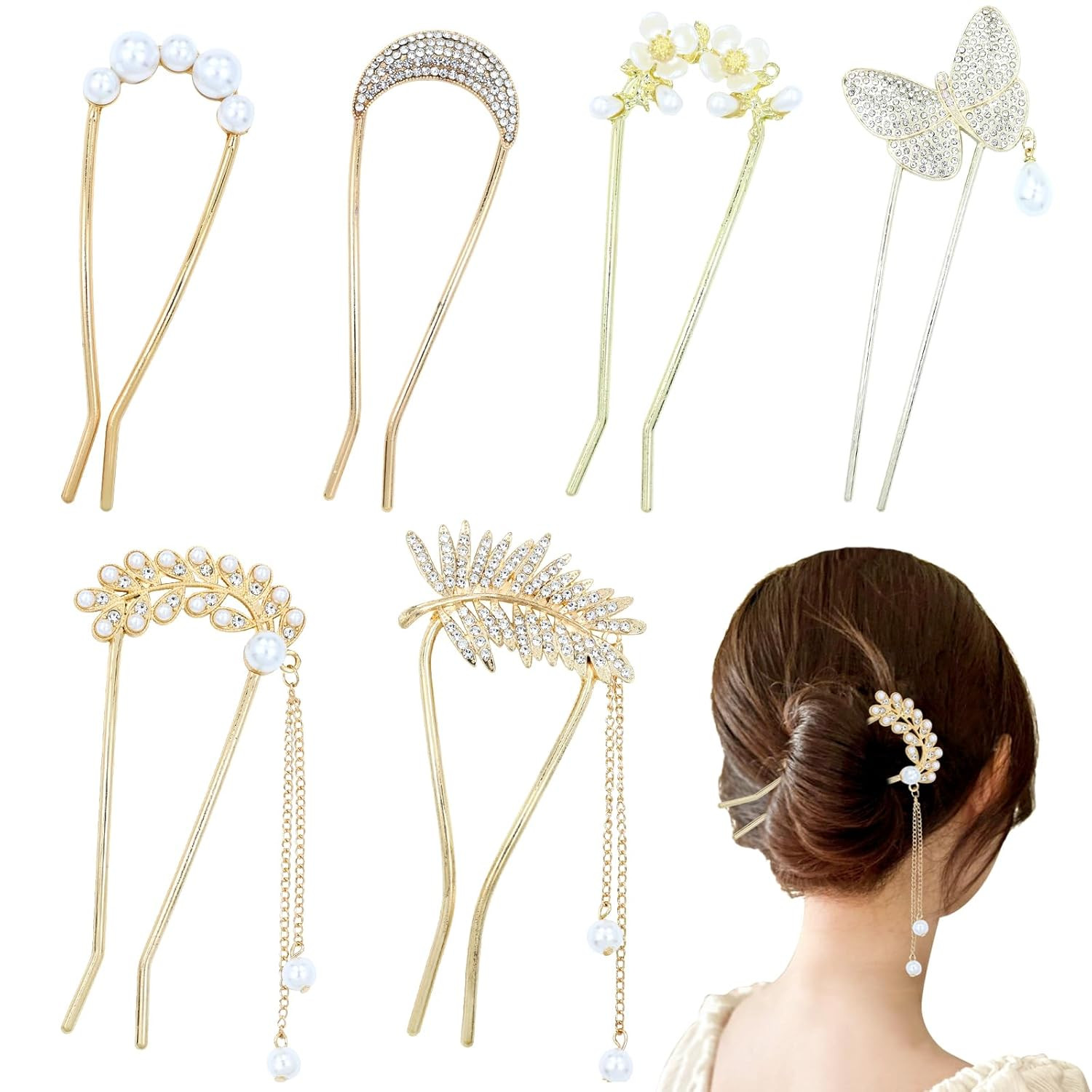 6 Pieces Fancy Cute Flower Leaf Moon U Shaped Gold Metal Hair Fork Pins Wide ...