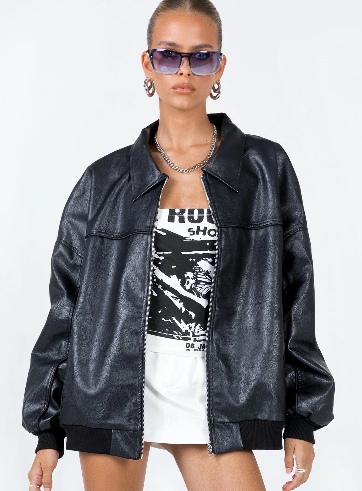 Princess Polly Goldsmith Faux Leather Bomber Jacket Black Oversized US 6