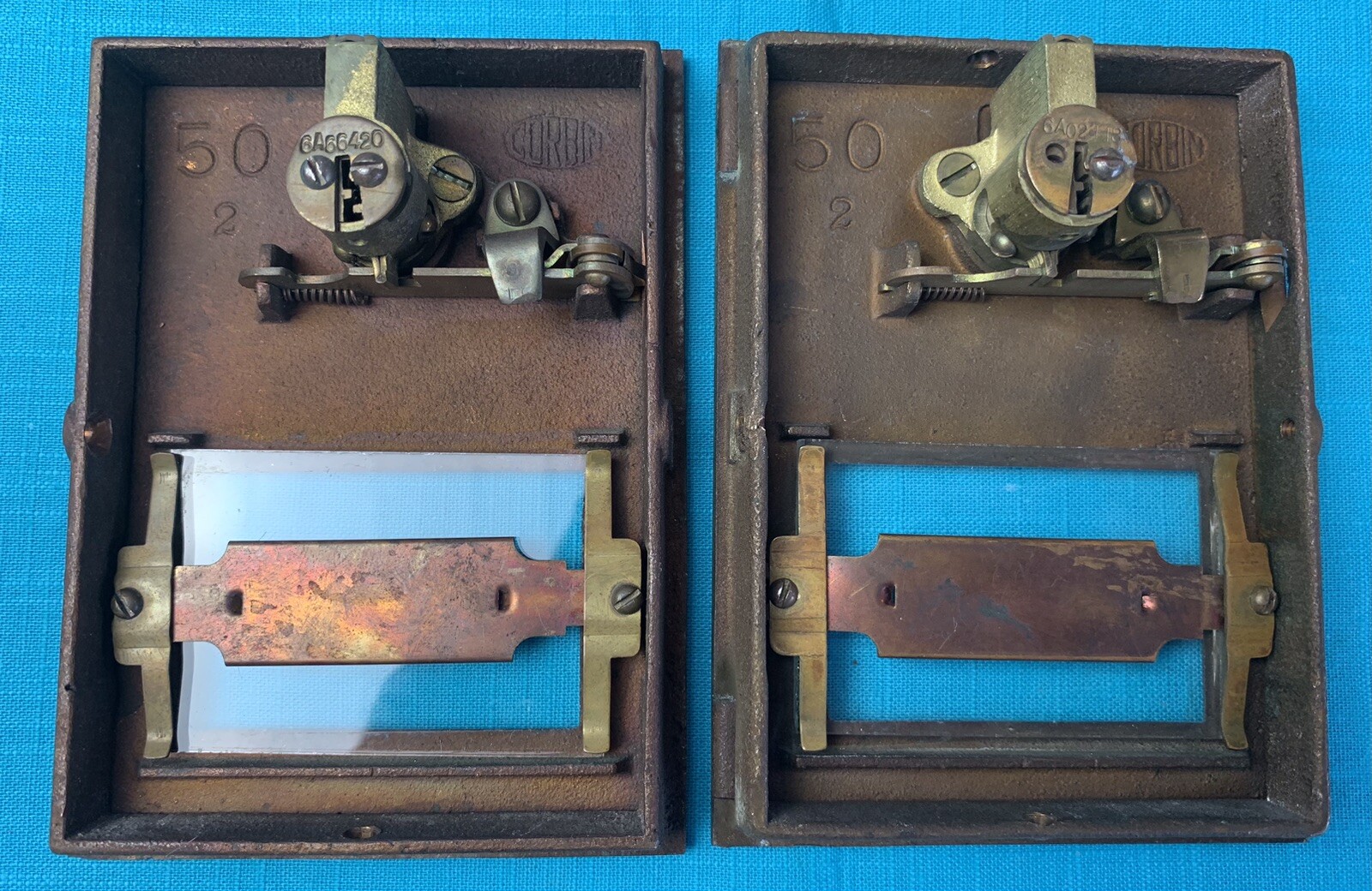 Lot of 5 Vintage Brass Post Office Box Doors with Frames Corbin 50