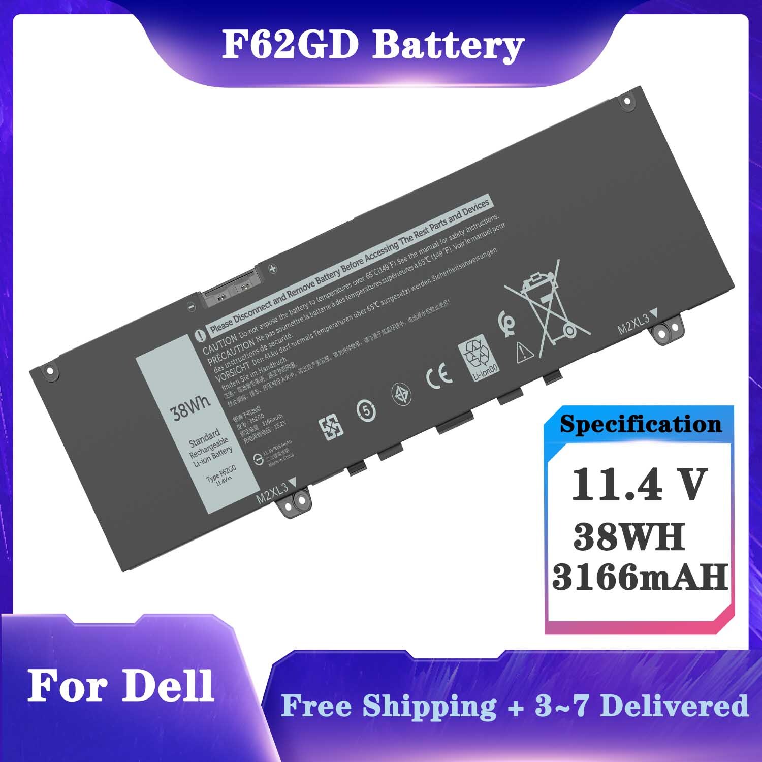 Batterie 38WH 39DY5 F62G0 Pour Dell Inspiron 13 7000 (7373, 7386, 7370, 7380) Et Vostro 5370 - 11.4V - Garantie 12 Mois