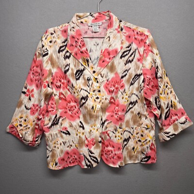 David N Jacket Womens XL Linen Rayon Pink Floral Button Up Collared Summer