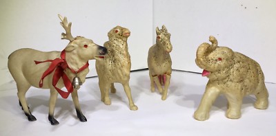 CHRISTMAS CELLULOID PLASTIC RED RUBY JEWEL EYES CAMEL ELEPHANT HORSE DEER JAPAN
