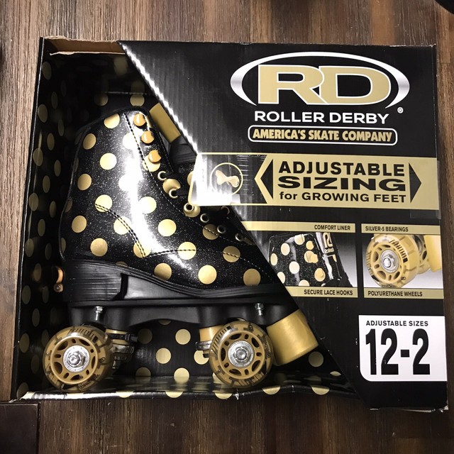 BRAND NEW Roller Derby BLACK GOLD Polka Dot Skates girls ADJUSTABLE