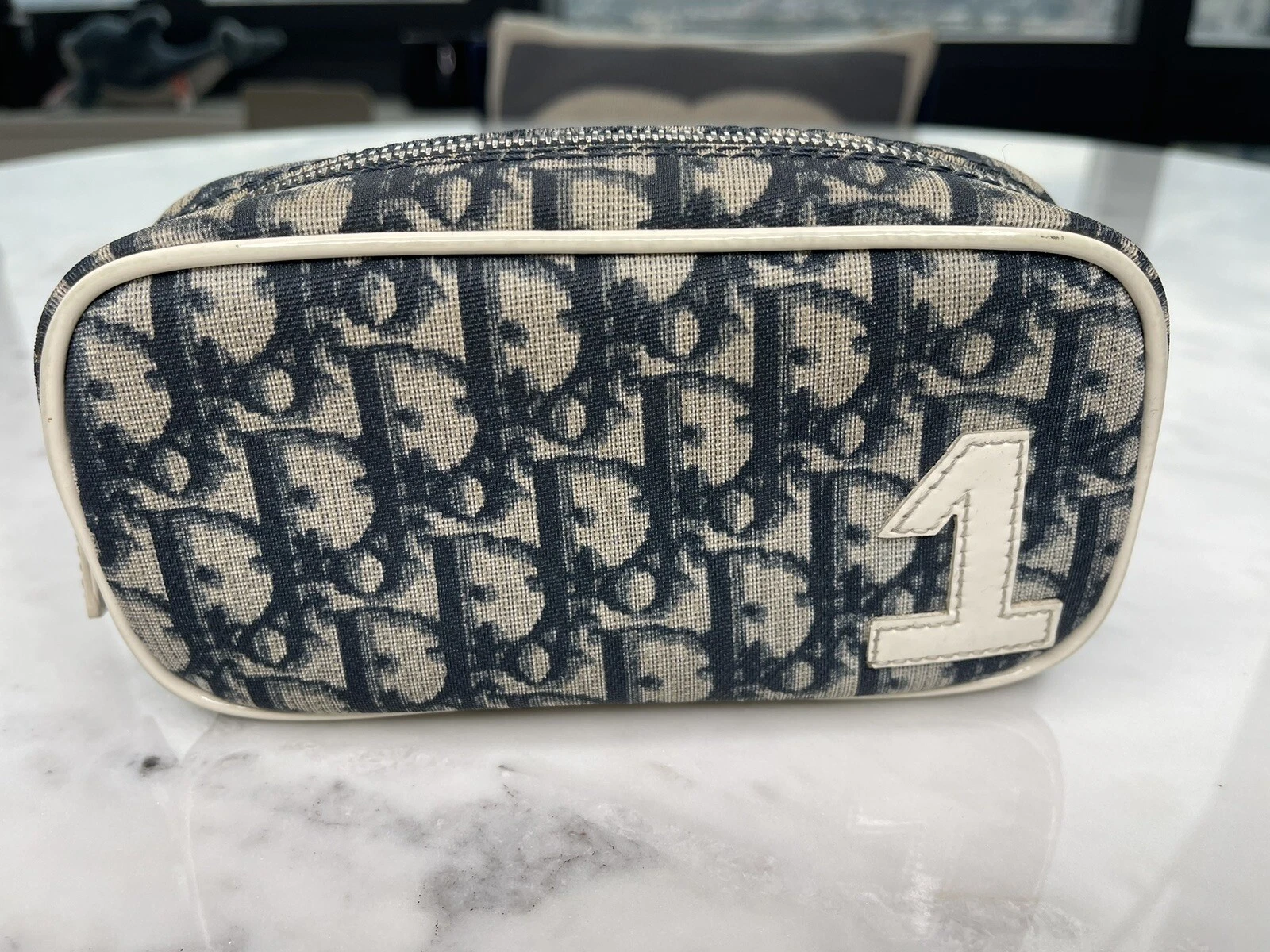 Authentique pochette sac cosmétique Christian Dior trotteur oblique bleu foncé pochette