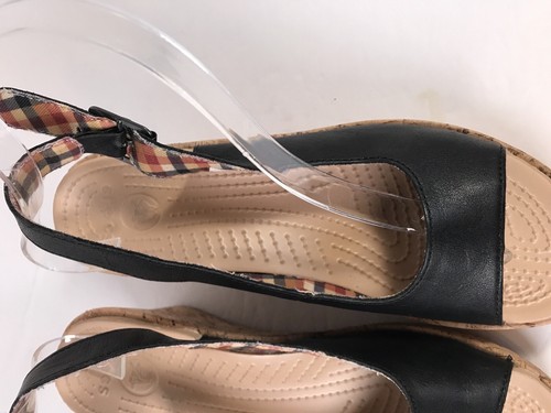 Crocs A-Leigh Womens Size 7 Sandals Black Leather Slingback Cork Wedge Heels - Picture 8 of 10
