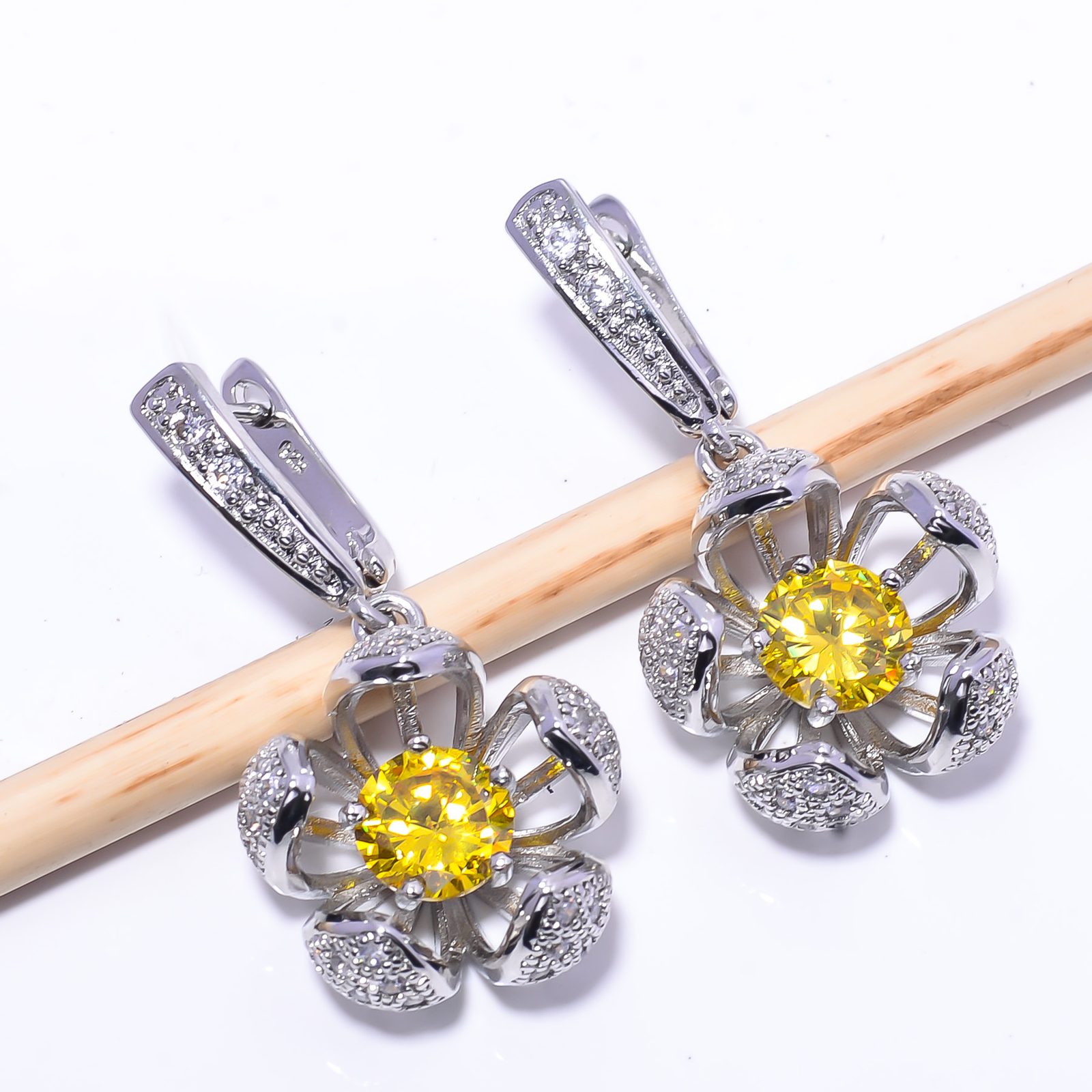 Citrine Cubic Zirconia Sterling Silver Flower Earrings 1.5 Inch