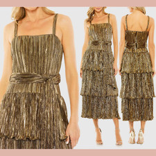 NEW IEENA MAC DUGGAL 4 27062 Ruffle Tiered Buckle Detail Dress Gold J1204