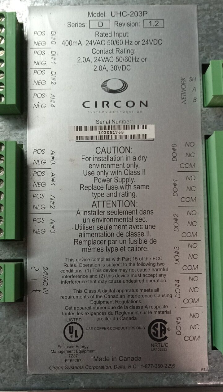 CIRCON PROGRAMMABLE UNITARY HVAC CONTROLLER 24 V AC/DC 30 VDC 2 AMP UHC ...