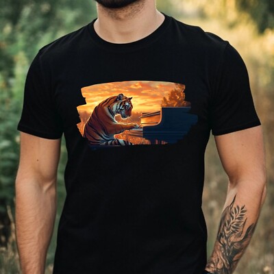 T-Shirt Herren Tiger spielt Klavier Motiv Baumwolle Größe XS bis 5XL