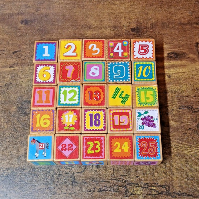 Lot of 25 Vintage Wooden Number Blocks, #1-25