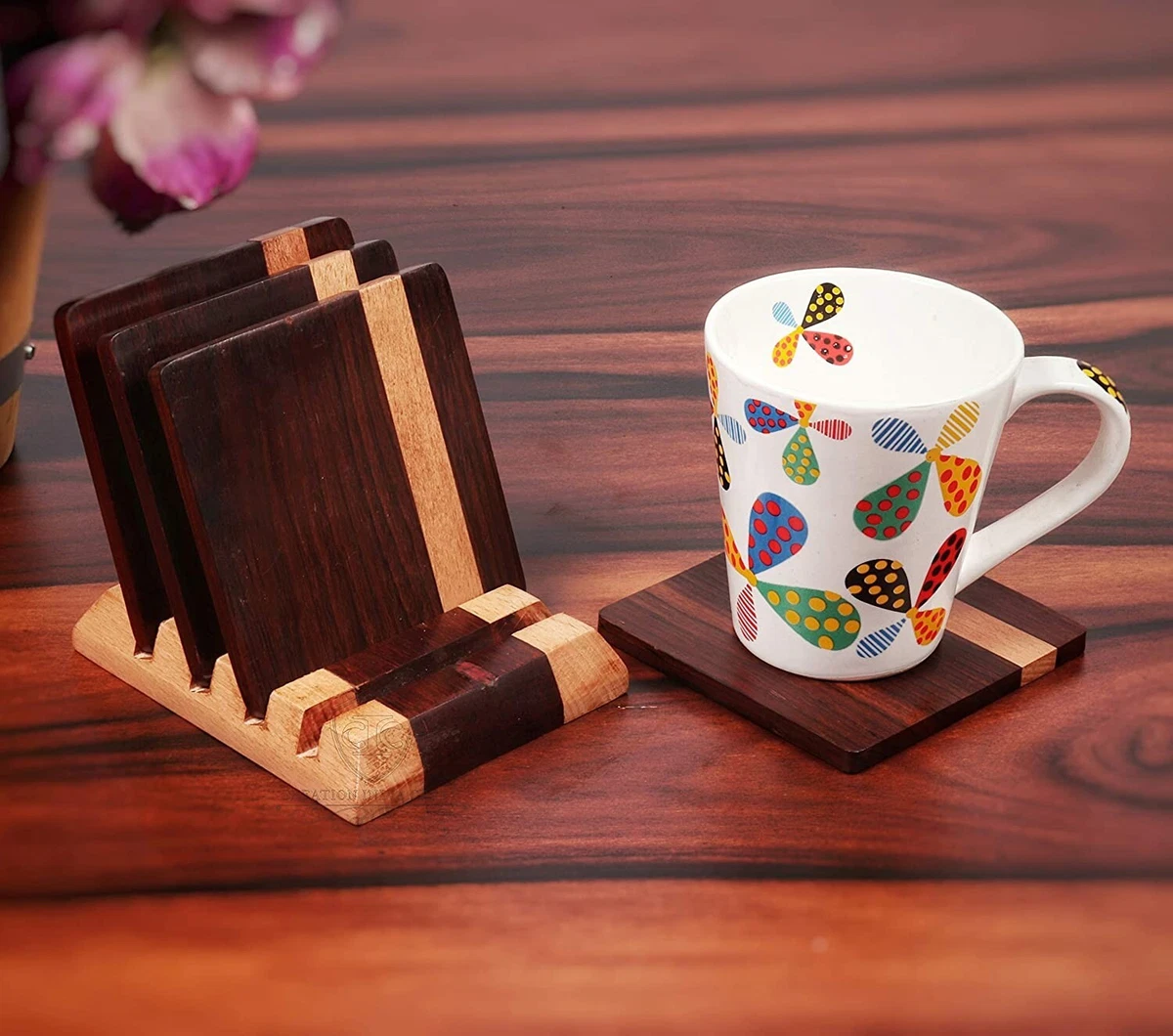 Wood Square 4 Piece Coaster Set With Holder