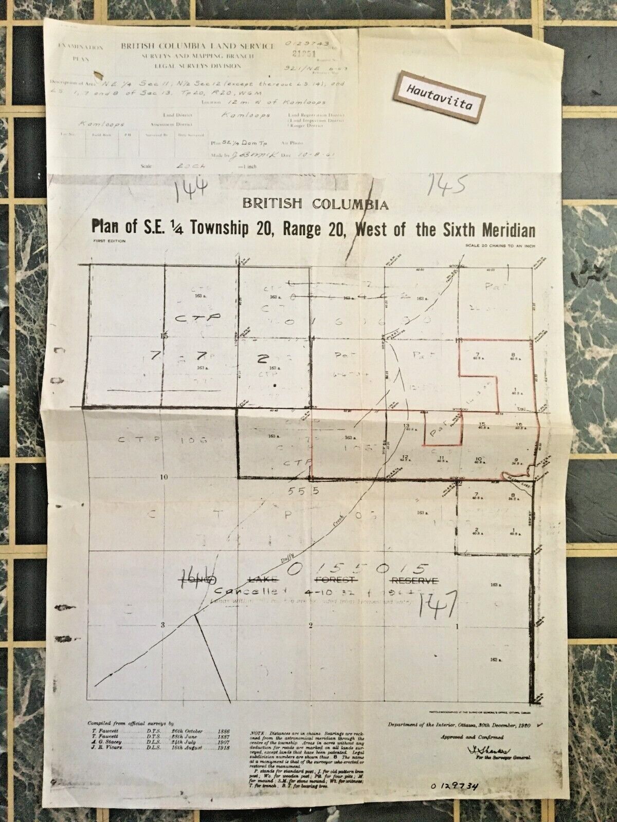 Kamloops Savona BC Survey Map 1961 - Original Printed 1920 Township 20 Thompson