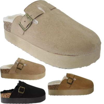 Damen Fell gefütterte Slipper kuschelig Plateau Keilabsatz Damen bequeme Pantoletten Clogs Hausschuhe