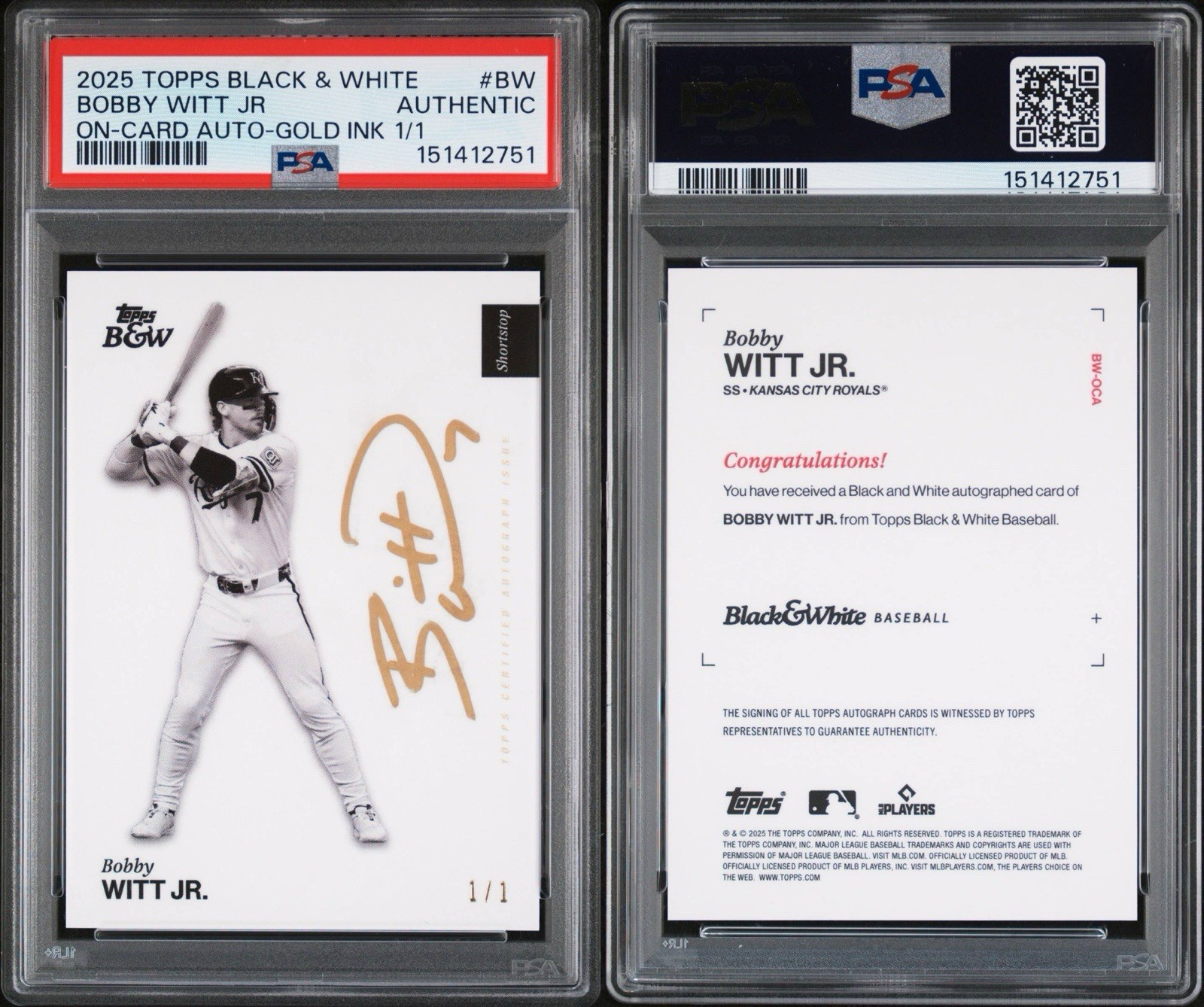 🔥 2025 TOPPS BLACK & WHITE BOBBY WITT JR GOLD INK AUTO 1/1 KC ROYALS ...