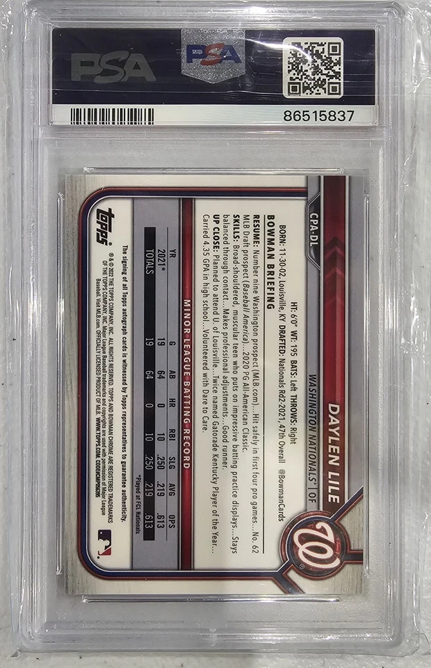 2022 BOWMAN CHROME 1ST DAYLEN LILE RC TRUE GOLD AUTO #/50 PSA 10 🔥  NATIONALS - Image 2 of 2