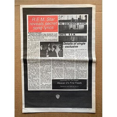 R.E.M. SIDEWINDER SLEEPS TONITE POSTER SIZED original music press advert from 19
