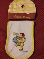 Curious George Lot Of 2. Monkey Hat + Burp Baby Rag Cloth EUC.Vintage Burp Cloth