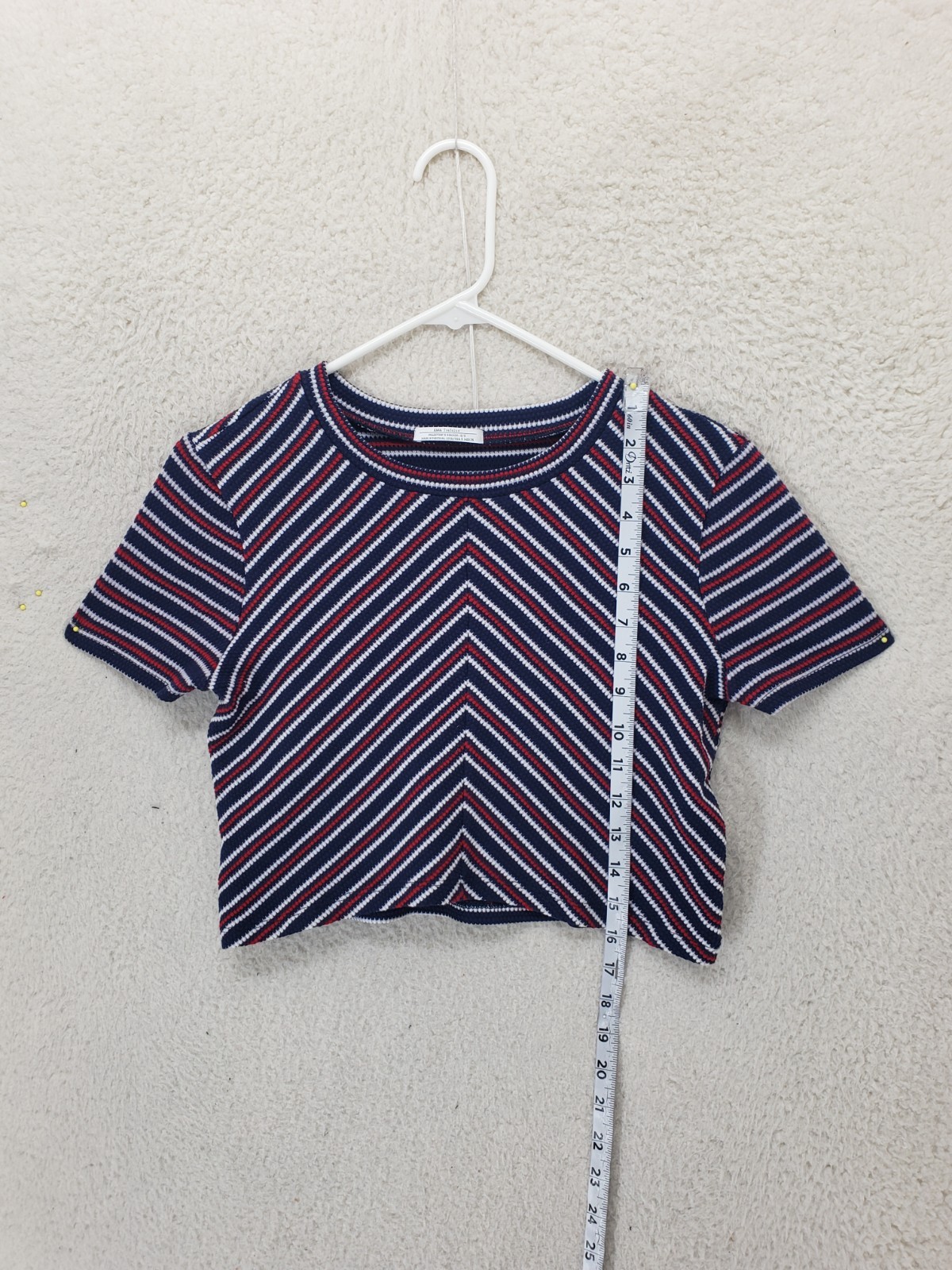 Zara Trafaluc Women Top Small Blue Striped Cotton Blend Short Sleeve Cropped Fit