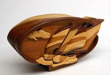 Vintage Secret Sailboat Carved Wood Puzzle Bo...