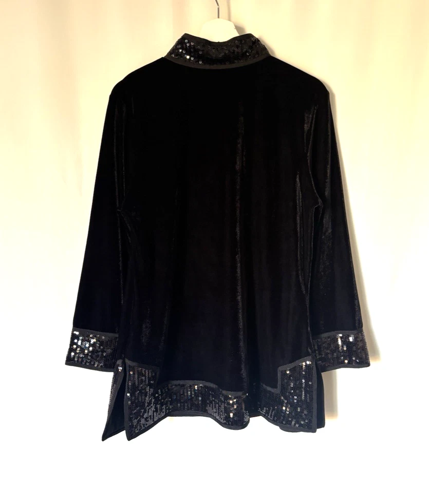 Top túnica Victor Costa mediano negro terciopelo lentejuelas para mujer vacaciones Foto 2 de 4