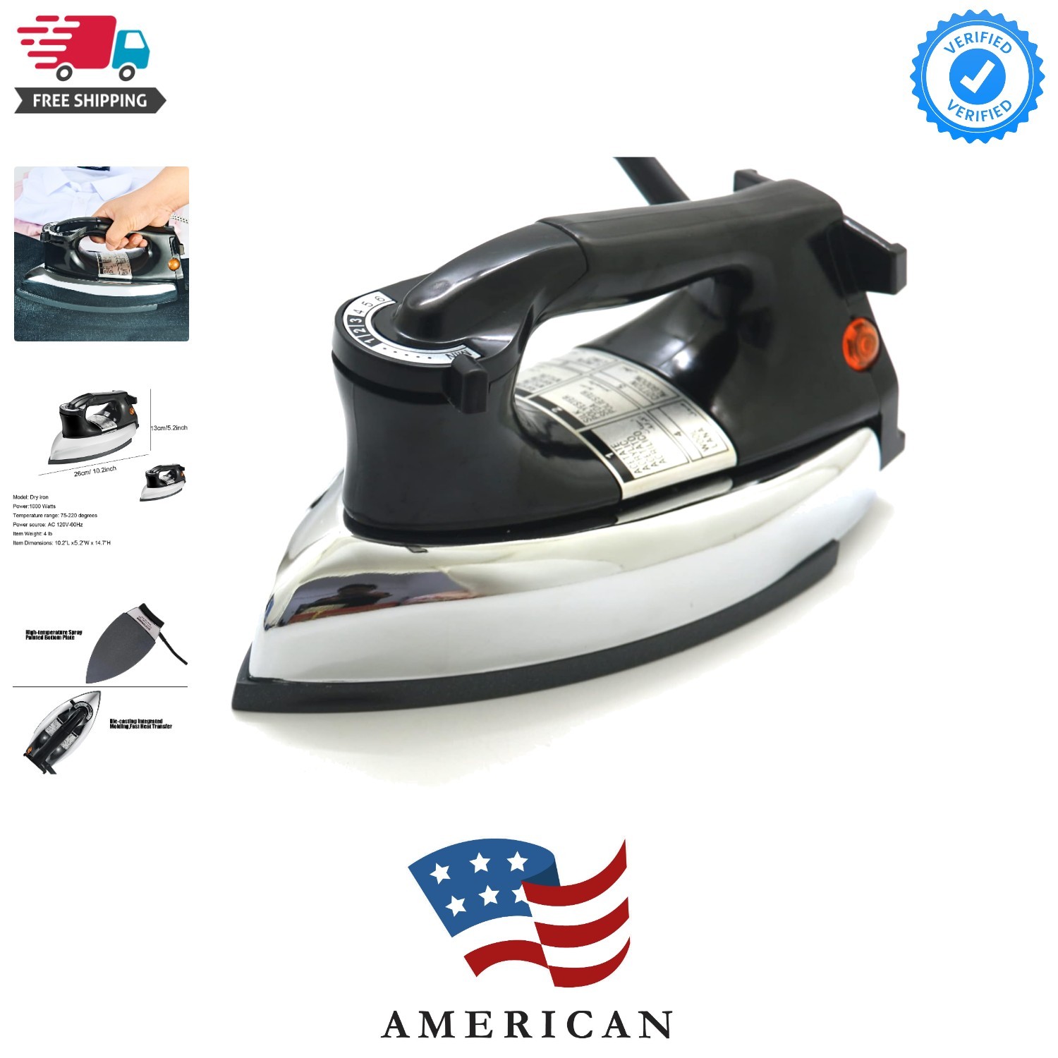 Dry Iron, No Steam No Holes, 9 Ft Cord, Non-Stick Soleplate,