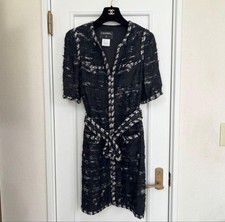 USED CHANEL TWEED LONG JACKET DRESS WITH SLIT, BLACK, SIZE 38 VERYGOOD