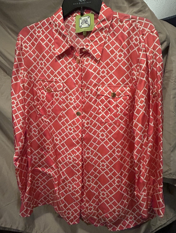Elizabeth Mckay Women's Geometric Collared Button-Up Shirt Pockets Pink/White 12