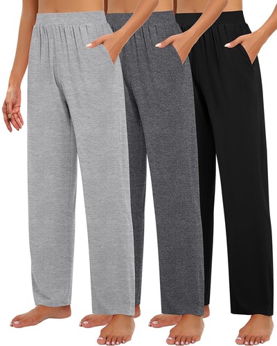 3 Pack Women's Lounge Pants, Cozy Wide Leg Lounge Pants with Pockets Loose Fl...
