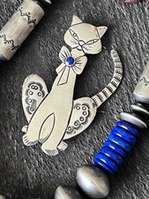 Hand Stamped Sterling Silver and Lapis Cat Brooch by Raymond Coriz