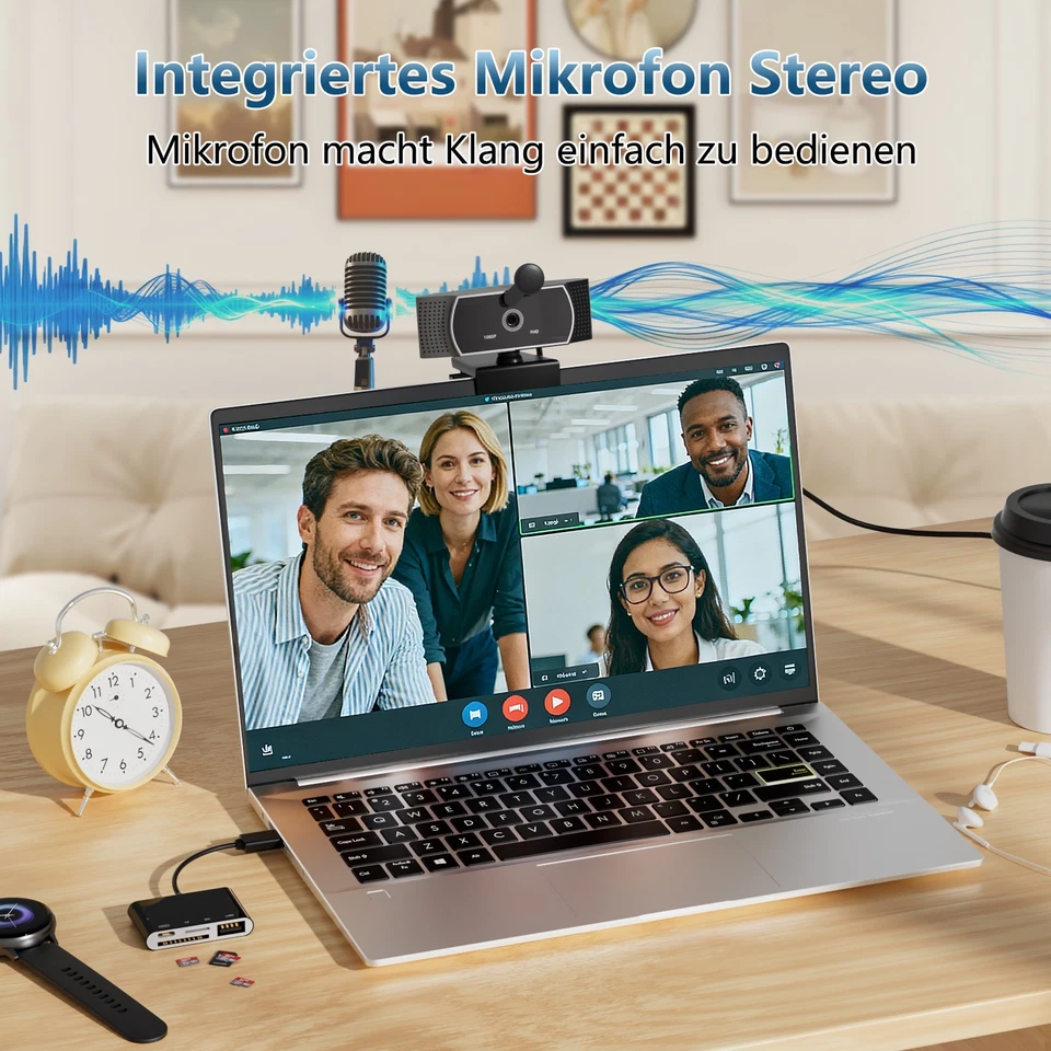 Webcam mit Mikrofon USB Full HD 1080p 30fps Webkamera 360°Drehung für PC, Laptop - Bild 4 von 4