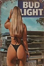 BUD LIGHT PIN-UP METAL TIN SIGN BEER BAR ART MAN CAVE SEXY GIRL IN THONG BIKINI
