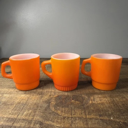 Vintage Anchor Hocking Fire-King Orange Stacking Mugs Milk Glass Set of 3