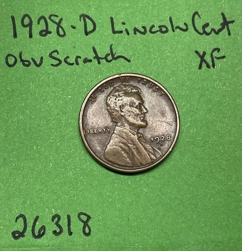 1928 D Lincoln Wheat Cent / Penny 1c EF Extra Fine XF Old Obv Scratch US Coin