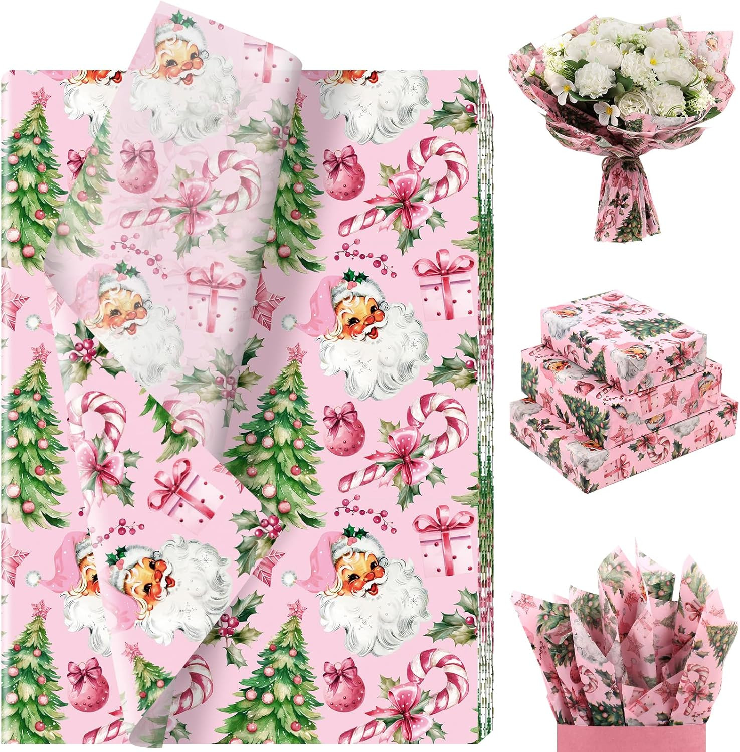 100 Sheets Pink Santa Tissue Paper, Santa Claus Xmas Tree Berries Bell Patter...