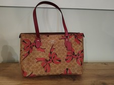 COACH Mollie Tote Bag 25 In Signature Canvas Leather Bow Print Tan/Pink