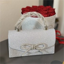 Silver Beaded Clutch Bag with Bow and Metallic Handle Bridal Handbag