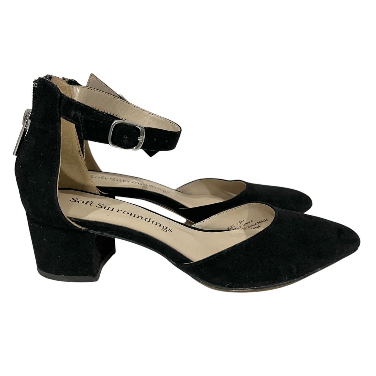 SOFT SURROUNDINGS BLACK HIDALGO 6.5 FAUX SUEDE ANKLE BUCKLE HEEL